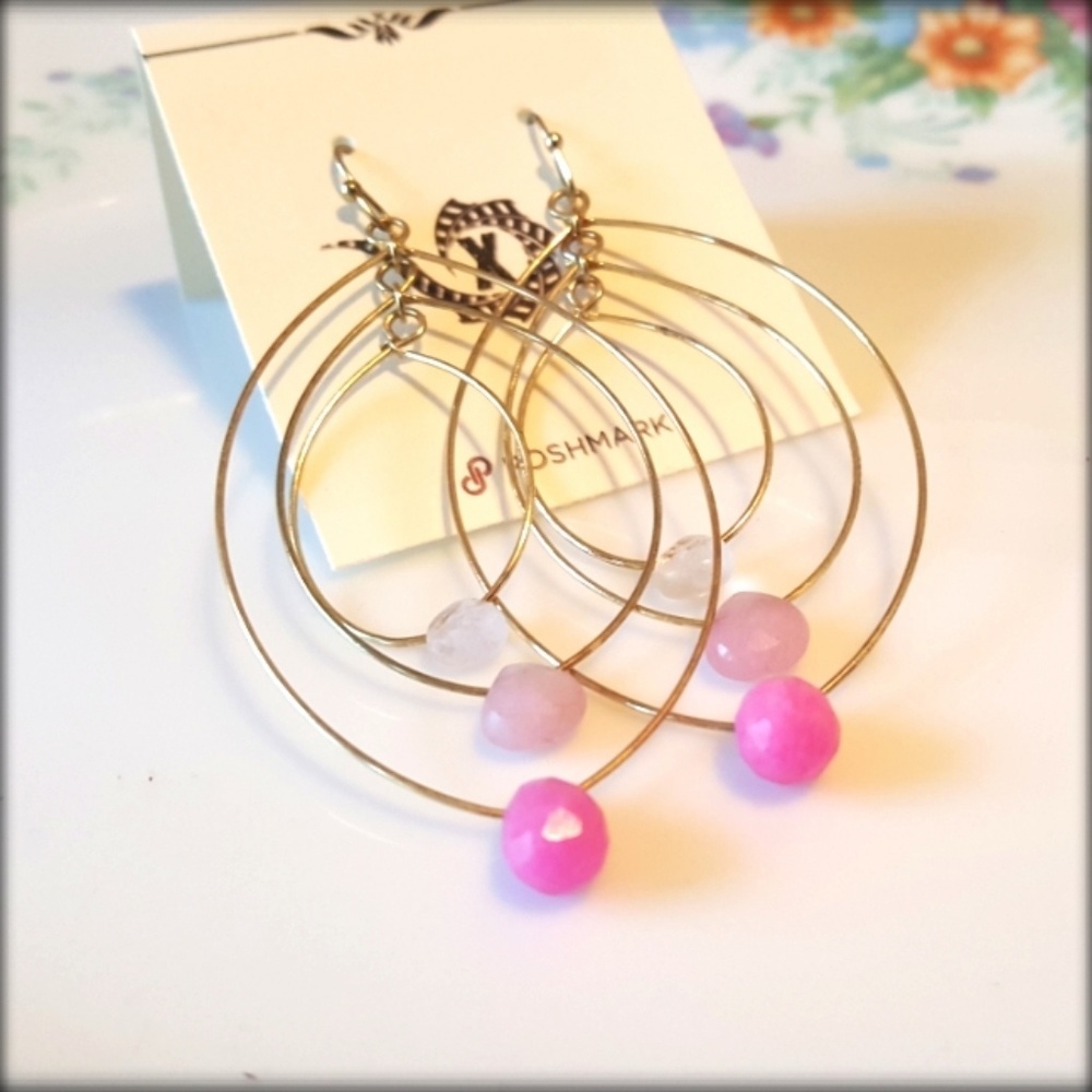 ⬇️ Silver Pink Layered Loop Dangling Earrings